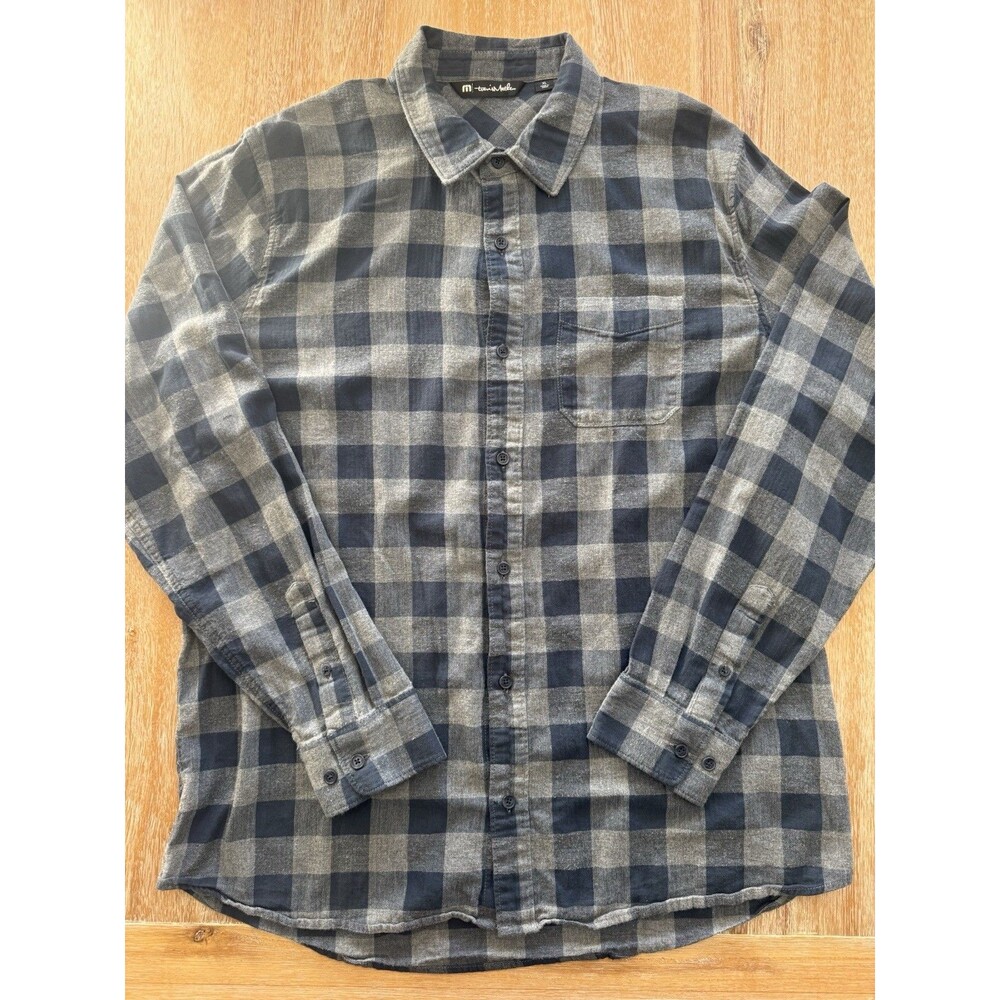 TravisMathew Plaid Button Down Shirt Mens XL Grey Blue 100% Cotton Flannel EUC